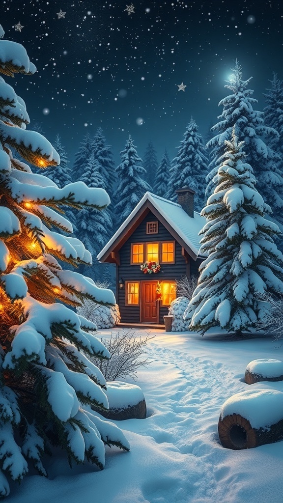 A cozy cabin in a snowy landscape with twinkling lights and falling snowflakes, perfect for a Christmas aesthetic.